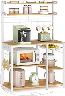 VASAGLE Bakers Rack with Power Outlet, 35.4 Inches Microwave Stand, Coffee Bar, 4 AC Outlets, with Adjustable Shelves, 8 S-Hooks, Basket, Spice Racks, Golden Oak and Cloud White UKKS031Y09