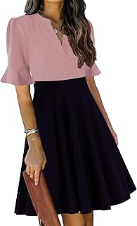 Womens Summer V Neck Ruffle Short Sleeve Fit and Flare Knee Length Church Wedding Guest Dresses with Pockets