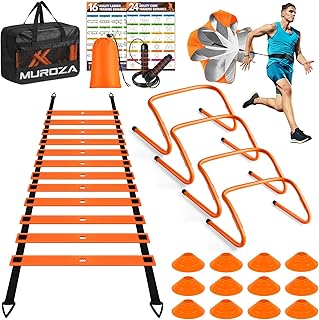MUROZA Agility Ladder, Agility Speed Training Equipment Set, 20ft Speed Ladder, 12 Soccer Cones, 4 Hurdles, Jump Rope, Running Parachute, Soccer Football Basketball Training Equipment Accessories