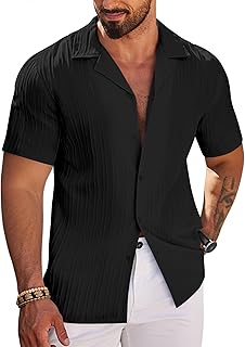 Men's Casual Shirts Short Sleeve Button Down Shirts Fashion Textured Summer Beach Shirt