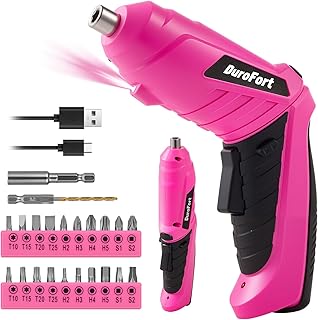 Durofort Pink Cordless Electric Screwdriver Set, 3.7V Rechargeable Small Electric Drill with 25pcs Driver Bit Set, Power 3Nm Screw Gun with 2 Position Handle, Flexible Shaft LED Light for Women