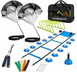 Complete Agility Ladder Training Set - 20ft Speed Ladder, 6 Adjustable Hurdles, 20 Cones, 5 Resistance Bands, 2 Speed Training Parachutes, Jump Rope, Nylon Carry Bag & Stakes