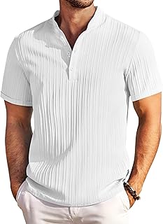 Men Casual Henley Tee Shirt Short Sleeve Band Collar Summer Beach Textured T-Shirt