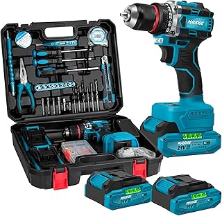 21V Brushless Cordless Drill, 60Nm Max Torque, 3/8" Keyless Chuck, 2 Variable Speed, with 2×2.0Ah Batteries & Charger, 135Pcs Tool Kit, Power Drill Set for Home Repair, DIY, Wood/Metal Drilling