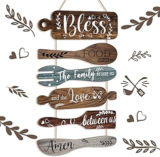 Geetery 6 Pcs Bless The Food Before Us Farmhouse Kitchen Wall Decor Dining Room Collage Decorations Wall Art Rustic Hanging Wooden Roped Sign 13x21 Inches Vertical(Multicolored)