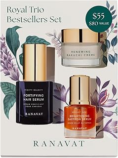 RANAVAT Royal Trio Travel Size Gift Set - Set Includes Brightening Saffron Face Serum, Renewing Bakuchi Face Cream & Fortifying Hair Serum - Clinically Tested Vegan Skincare & Haircare (3 Count)