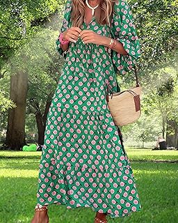 Womens Boho Dresses Summer V Neck Puff Sleeve for Women Floral Flowy Swing Casual Fashion Long Dress
