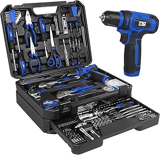 Prostormer Tool Set with 8V Cordless Drill, 369-Piece Home Tool Kit with Drill Driver, Toolbox Storage Case with Drawer, General Household Tools for Home Repairs and DIY, Handyman (Blue)