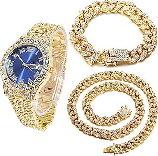 Diamond Watch for Men - The Royal - 18K Real Gold/Platinum White Gold Plated & Handset Diamonds Iced Out,42MM Width Green/Blue/Red Dial Wristband 9.5”,Cuban Link Chain 8"+18",Comes with Giftbox
