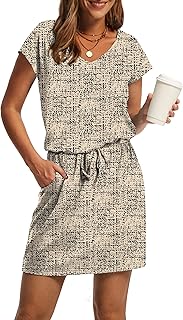 Summer Dresses for Women 2026 V Neck T Shirt Casual Mini Dresses Tie Waist Sundresses with Pockets
