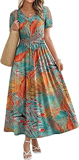 Maxi Dresses for Women V Neck Ladies Midi Long Dress A Line Smocked Waisted Casual Summer Spring Clothes Boho Beach