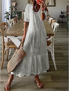 Women's Summer Striped Print Elegant Long Dress,Mid-Sleeve V-Neck Dress