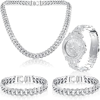 4 Pcs Diamond Watch Cuban Link Chain Men Watch Set Hip Hop Jewelry Set Bling Rhinestone Necklace Bracelet Jewelry