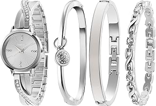 Women's Bangle Watch and Gold Watch Chain Bracelets Premium Crystal Accented Bracelet Set W50888L