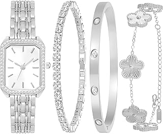 4 Pieces Women Silver Watch Bracelets Set Fashion Costume Jewelry Stainless Steel Silver Plated Square Wristwatch Diamond Bangle Bracelet Lucky Clover Bracelet Watch Jewelry Set for Women