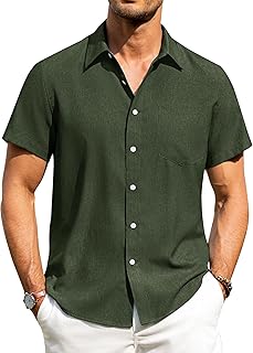 Mens Linen Shirts Short Sleeve Button Down Shirts Wrinkle Free Casual Vacation Beach Summer Tops