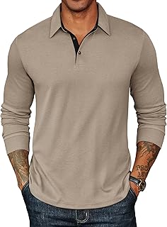 Mens Long Sleeve Polo Shirts Classic Casual Button Polo Tee Lightweight Collared Golf Shirt