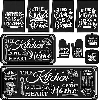 Fourluoo 10 Pcs Farmhouse Kitchen Decor and Accessories Set 4 Kitchen Towels 2 Pot Holders 2 Oven Mitts 2 Rugs for Cooking Baking Mom Housewarming Gifts(Black,Classic Style)