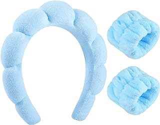 WSICSE Sponge Spa Headband for Washing Face, Blue Skincare Headband and Wrist Washband Set Makeup Hairband for Girls Womens