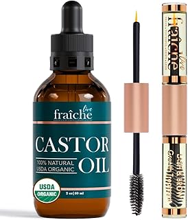 Live Fraiche Organic Castor Oil Lash Serum for Hair Growth, 100% Pure Eyebrow Eyelash Growth Serum, Cold Pressed Hexane Free (2oz Glass Bottle + FILLED Mascara Tube)