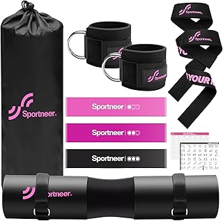 Sportneer Barbell Pad Set: 10 Pcs Squat Pad for Hip Thrusts, Lunges, Leg Day, Standard Olympic Bars with 2 Ankle Straps, 2 Lifting Straps, 3 Resistance Bands, Barbell Pad, Workout Poster and Carry Bag
