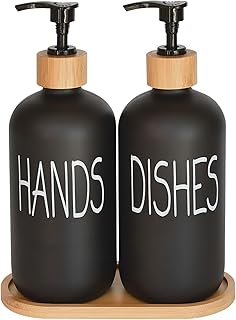 Glass Soap Dispenser Set. Hand and Dish with Bamboo Tray. Vintage Pump for Kitchen Drain Outlet Bathroom. Stylish Permanent Labels (Matte Black)