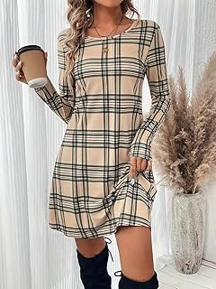 Women's Fall Dresses 2025 Long Sleeve Crew Neck Plaid Flowy Casual Ruffle Midi Dresses