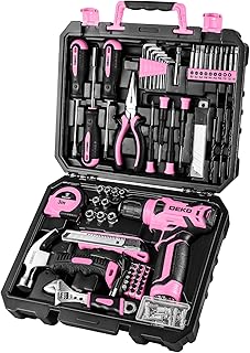DEKOPRO Drill Set, Home Tool Set with 8V Pink Cordless Drill, Hand Tool Kit for Women, 126 pcs