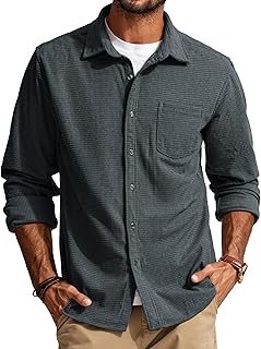 Men's Button Down Shirt Texture Wrinkle Free Shirts Long Sleeve Waffle Untucked Shirt