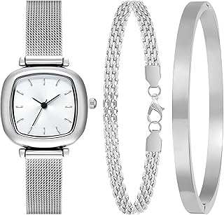 3 Pieces Women Gold Watch Bracelets Set Fashion Costume Jewelry Stainless Steel Gold Plated Square Wristwatch Diamond Bangle Bracelet Watch Jewelry Set for Women