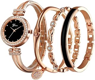 Women Crystal Watch with 3 Bracelets Set Quartz Wrist Watches Bangle Jewelry 4pcs/Set for Ladies