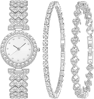 3 Pieces Women Diamond Watch Bracelets Set Luxury Fashion Jewelry Cubic Zirconia Wristwatch Bracelet Silver Watch Jewelry Set for Women