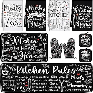 Fourluoo 10 Pcs Farmhouse Kitchen Decor Oven Mitts and Pot Holders Sets Kitchen Dish Towels Black and White Rustic Pattern Oven Gloves for Home Decorations Baking Cooking Christmas Valentines Gifts