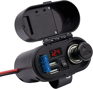 BlueFire 5V/3A Dual USB Charger Socket Waterproof Motorcycle Handlebar & Rear View Mirror Clamp Power Adapter Charger with Cigarette Lighter Socket, Voltmeter for Phones/Tablets/GPS (Black 1)