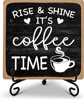 Farmhouse Coffee Bar Sign, Rise & Shine It's Coffee Time, 5"x5" Wood Plaque with Stand Gift for Home Kitchen Tabletop Decor -B09