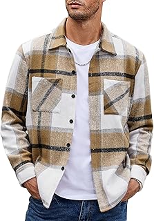 Men's Flannel Shirts Casual Button Down Plaid Shirt Jacket Long Sleeve Fleece Shacket with Pockets