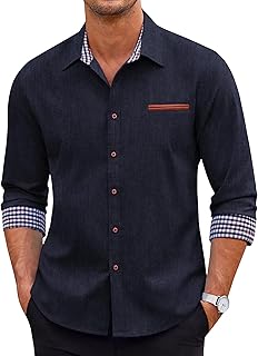 Men's Long Sleeve Casual Button Down Shirts Untucked Shirts Plaid Collar Vintage Denim Shirt
