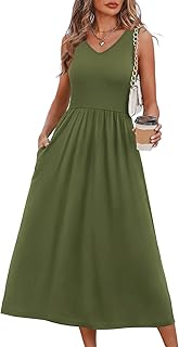 Summer Dresses for Women 2026 Flowy Casual Midi Dress V Neck Beach Vacation Sundresses with Pockets