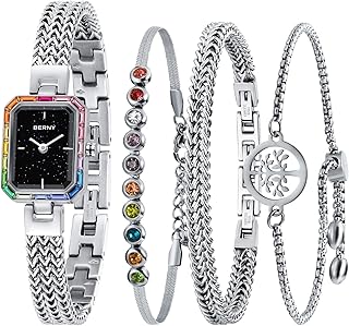 Silver Watches for Women Dainty Quartz Bracelet Watch Ladies Wrist Watch and Bracelet Set Coloured Stones Accented Fashion Luxury Birthday Gifts for Women