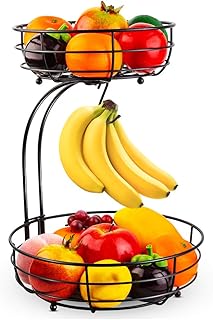 Auledio Iron 2-Tier Countertop Fruit Vegetables Basket Bowl Storage With Banana Hanger, Black, 64 ounces