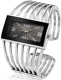 Women Luxury Cuff Bracelet Rectangular Dial Hollow Analog Quartz Wrist Watch for Ladies