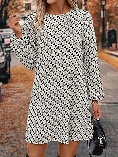 Womens 2025 Long Sleeve Allover Print Lantern Sleeve Dress Fashion Knee-Length Dress Fall Flowy Casual Short Dresses