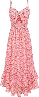 Womens Maxi Floral Sundresses Summer Beach Boho Dress Spaghetti Strap Dresses Casual Fashion Clothes with Pockets