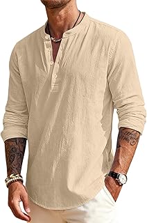 Men's Linen Shirts Henley T-Shirts Long Sleeve Casual Beach T-Shirts Solid Tops Shirts for Men