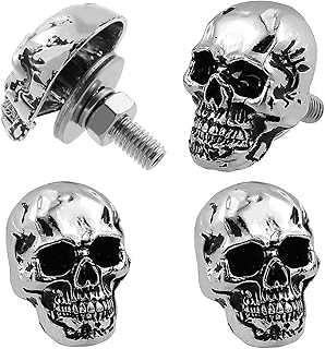 Skull License Plate Screw Fasteners Decorative Cool Funny License Plate Bolts License Plate Frame Kit 4 Pcs Aluminum Alloy Universal Fit Most Cars Truck Motorcycle Vehicle Silver