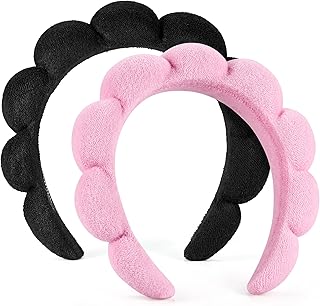 Ztomine Spa Headbands for Washing Face or Facial, Set of 2 Skincare Headbands, Terry Cloth Headband Wash Combo Pack - Puffy Makeup Washing, Mask, Skin Treatment (Black & Pink)