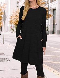 Long Sleeve Dress for Women Crew Neck Tunic Dress with Pockets Buttons Side