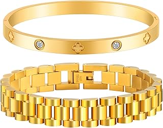 2PCS 18K Gold Chain Link Bracelets for Women - Stackable Love & Friendship Theme Bangle Bracelet Set,Non-Tarnish Stainless Steel Jewelry with Adjustable Tool.