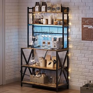 Yaheetech Kitchen Bakers Rack with Power Outlet & LED Lights, 5 Tiers Coffee Bar Table with 8 S Hooks, 64 Inches Tall Microwave Oven Stand with Storage for Spices, Pots, Rustic Brown