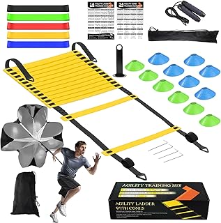 Speed Agility Training Equipment Set, Agility Ladder 20ft, 12 Football Cones, Resistance Parachute/Soccer Kick Trainer, Jump Rope, 5 Resistance Bands, Football Practice Equipment for Kids Adults
